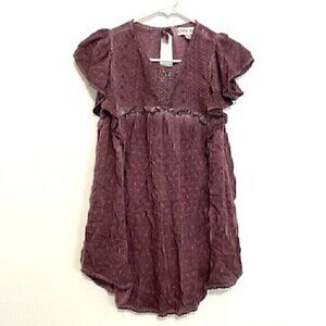 KNOX ROSE Purple Swiss Dot Crochet Eyelet Tie Bow Back Short Flutter Sleeve Top